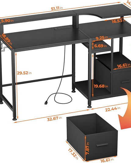 GreenForest 55 inch Computer Desk with Drawers and Outlets, Home Office Desk with Storage and Printer Shelf, Work Desk with Fabric File Drawer, Study Desk with Monitor Stand, Computer Table, Black - LeafyLoom