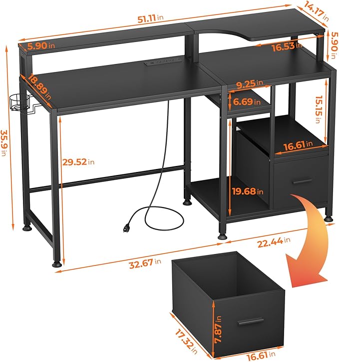 GreenForest 55 inch Computer Desk with Drawers and Outlets, Home Office Desk with Storage and Printer Shelf, Work Desk with Fabric File Drawer, Study Desk with Monitor Stand, Computer Table, Black - LeafyLoom