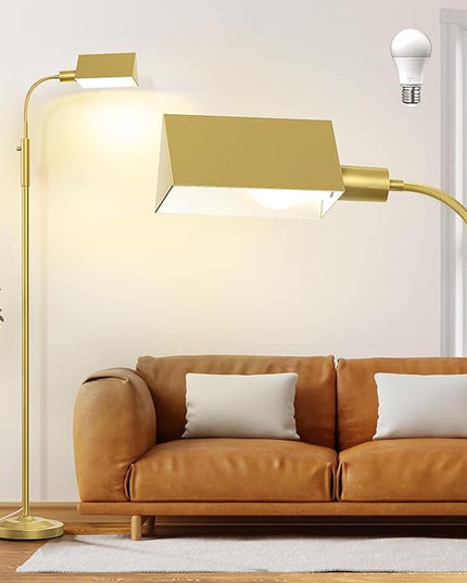 Stepless Dimmable Floor Lamp, Modern Reading Floor Lamp with Adjustable Metal Gooseneck, Standing Lamp for Living Room Bedroom Office Home Decor, 9W E26 Base Bulb Included(Gold) - LeafyLoom