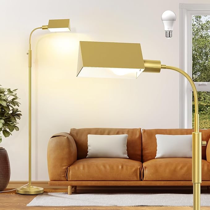 Stepless Dimmable Floor Lamp, Modern Reading Floor Lamp with Adjustable Metal Gooseneck, Standing Lamp for Living Room Bedroom Office Home Decor, 9W E26 Base Bulb Included(Gold) - LeafyLoom