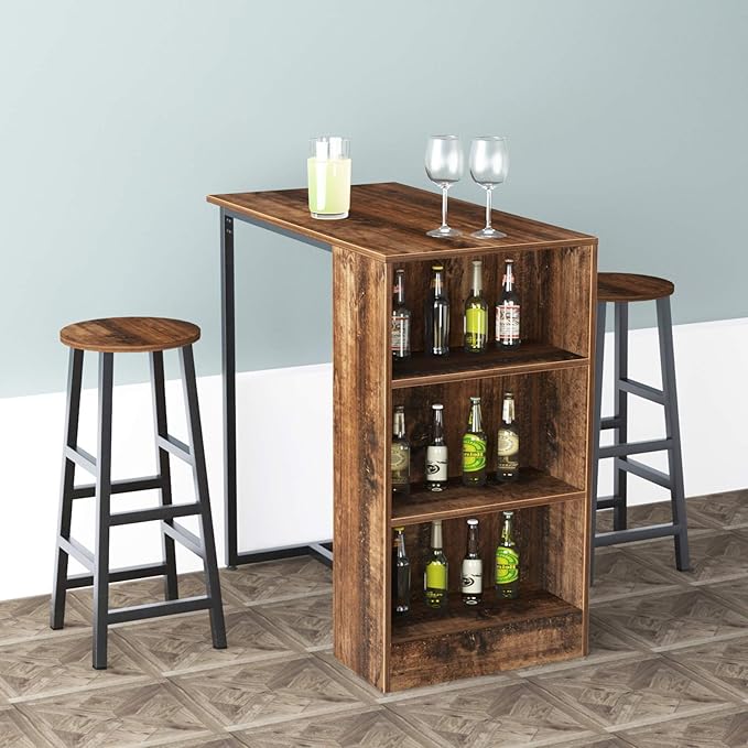 sogesfurniture 3-Piece Bar Table Set, 35.8inches Dining Room Set Dining Table with 2 Stool, Dining Table with 3 Open Storage Shelves, Brown BHUS-DX- Z813FG - LeafyLoom