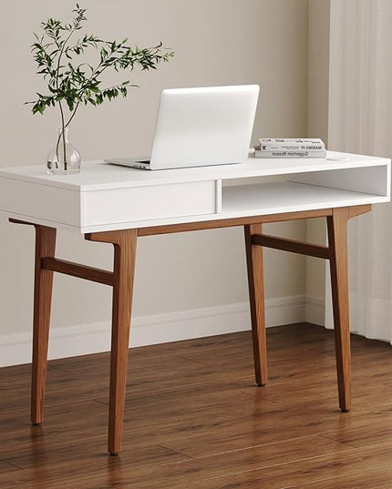White Computer Desk with Drawers - 45 inch Minimalist Small Solid Wood Mid-Century Modern Office Desk for Home - Boho Style Writing Table with Open Storage,Light Wooden Desk Workspace - LeafyLoom