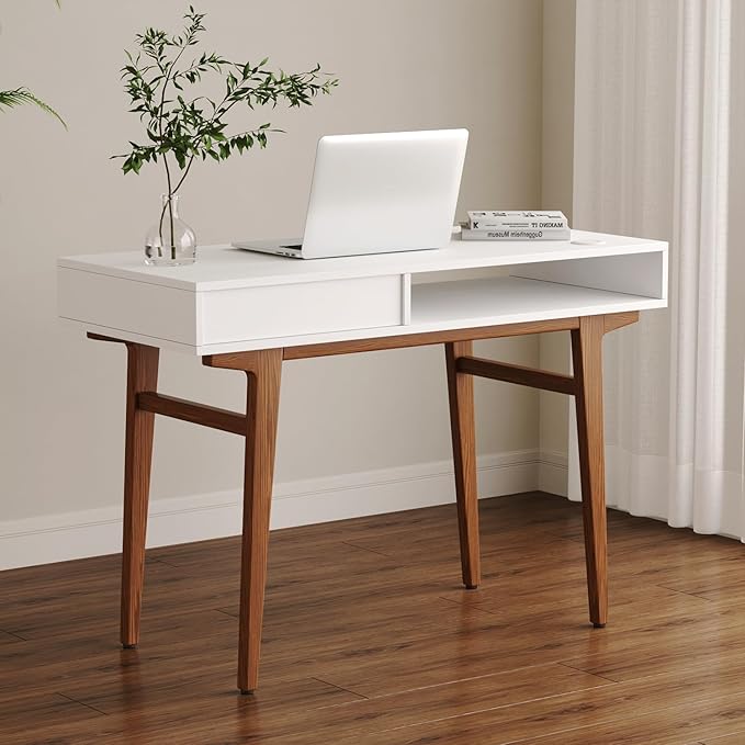 White Computer Desk with Drawers - 45 inch Minimalist Small Solid Wood Mid-Century Modern Office Desk for Home - Boho Style Writing Table with Open Storage,Light Wooden Desk Workspace - LeafyLoom