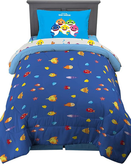 Franco Kids Bedding Super Soft Comforter and Sheet Set, 4 Piece Twin Size, Baby Shark - LeafyLoom