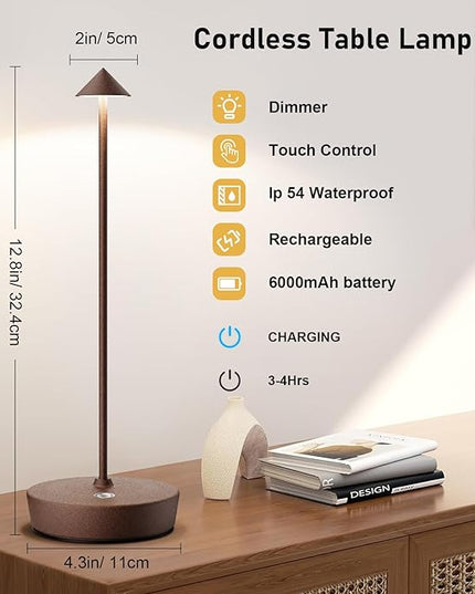 Set of 2 Rechargeable Cordless Table Lamp,6000mAh LED Battery Operated Desk Lamp Touch 3 Color Dimming Portable Outdoor Waterproof Table Light for Patio/Restaurant/Dining/Home (Rust) - LeafyLoom
