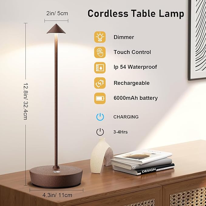 Set of 2 Rechargeable Cordless Table Lamp,6000mAh LED Battery Operated Desk Lamp Touch 3 Color Dimming Portable Outdoor Waterproof Table Light for Patio/Restaurant/Dining/Home (Rust) - LeafyLoom