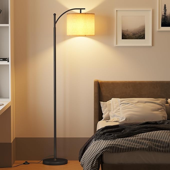 SUNMORY Arc Floor Lamp,Modern Floor Lamp with 9W 3 Color Temperatures Bulb,Metal Standing Lamps with Adjustable Hanging Lampshade,Tall Floor Lamps for Living Room,Bedroom,Office (Black) - LeafyLoom