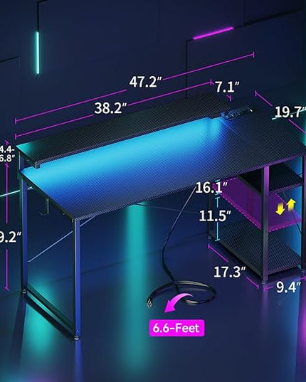 MOTPK Gaming Desk with Led Lights & Power Outlet, 47 Inch Gaming Computer Desk with Shelves, Reversible Gamer Desk Table with Adjustable Monitor Stand & Headphone Hook, Carbon Fiber Texture, Black - LeafyLoom