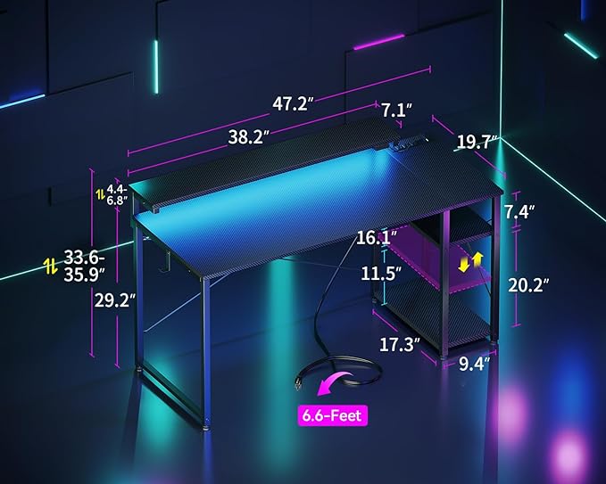 MOTPK Gaming Desk with Led Lights & Power Outlet, 47 Inch Gaming Computer Desk with Shelves, Reversible Gamer Desk Table with Adjustable Monitor Stand & Headphone Hook, Carbon Fiber Texture, Black - LeafyLoom