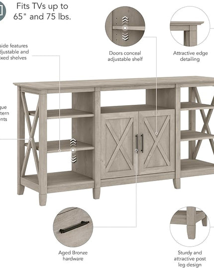 Bush Furniture Key West Tall Stand for 65 Inch TV, Farmhouse Entertainment Center with Storage, Washed Gray - LeafyLoom