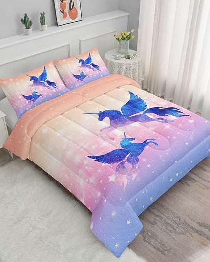 Datura home Bedding Comforter Set Starry Sky Unicorn Printed Pattern Quilt with 1 and 2 Pillowcases for Girls Bedroom All Season(Purple Queen) Queen 90x90inches - LeafyLoom