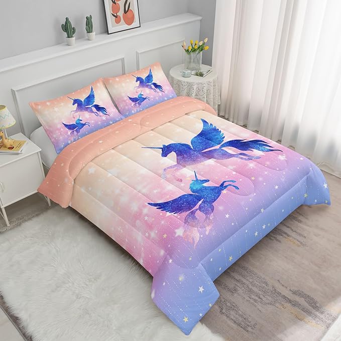 Datura home Bedding Comforter Set Starry Sky Unicorn Printed Pattern Quilt with 1 and 2 Pillowcases for Girls Bedroom All Season(Purple Queen) Queen 90x90inches - LeafyLoom