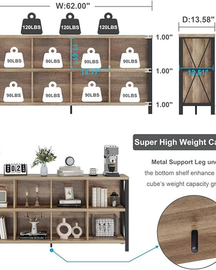 FATORRI 8 Cube Storage Organizer Bookshelf, Rustic Wood Cubby Bookcase, Industrial Horizontal Long Shelf for Living Room (Rustic Oak, 62 Inch) - LeafyLoom