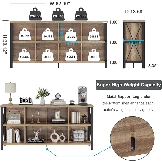 FATORRI 8 Cube Storage Organizer Bookshelf, Rustic Wood Cubby Bookcase, Industrial Horizontal Long Shelf for Living Room (Rustic Oak, 62 Inch) - LeafyLoom