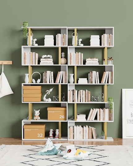 Gadroad 6-Tier Geometric Bookcase,S Shaped Bookshelf, Wood Decorative Storage Shelving, Modern Freestanding Display Shelves, Tall Book Shelf Unit for Living Room Bedroom - LeafyLoom