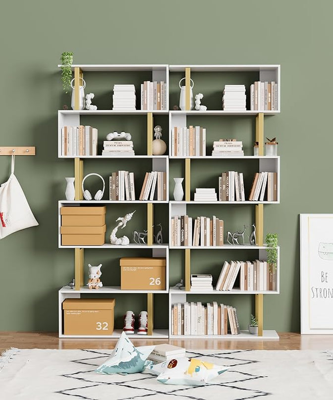 Gadroad 6-Tier Geometric Bookcase,S Shaped Bookshelf, Wood Decorative Storage Shelving, Modern Freestanding Display Shelves, Tall Book Shelf Unit for Living Room Bedroom - LeafyLoom