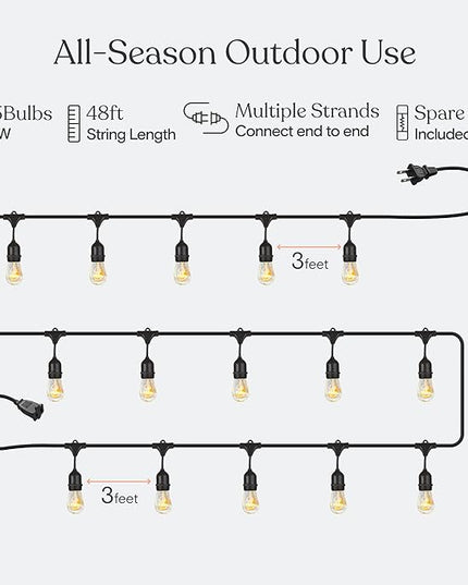 Brightech Ambience Pro Incandescent Outdoor String Lights - Commercial Grade Waterproof Patio Lights with 48 Ft Dimmable Edison Bulbs, Porch String Lights for Patio, Backyard - 15 Bulbs 11W Brightech