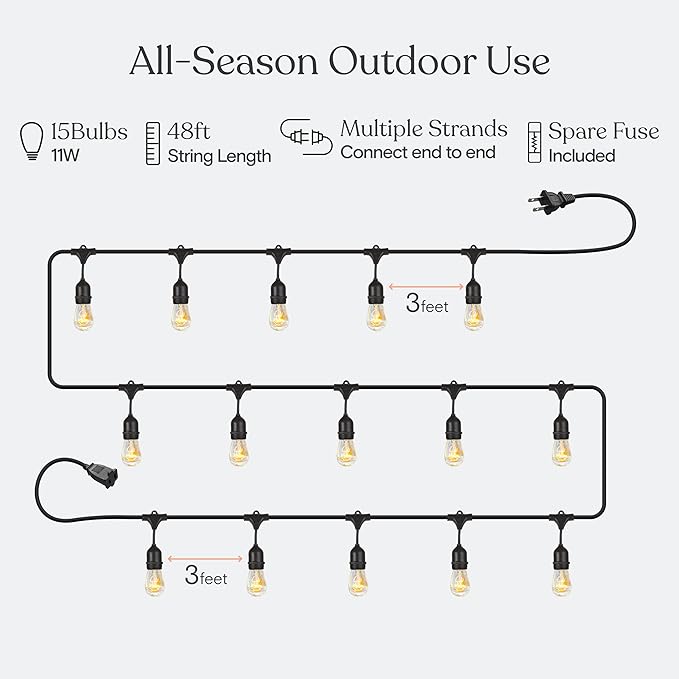 Brightech Ambience Pro Incandescent Outdoor String Lights - Commercial Grade Waterproof Patio Lights with 48 Ft Dimmable Edison Bulbs, Porch String Lights for Patio, Backyard - 15 Bulbs 11W Brightech