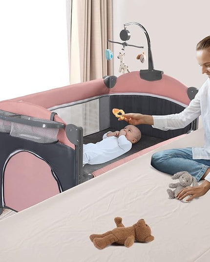 5 in 1 Baby Crib, Bedside Cribs, Pack and Play with Bassinet and Changing Table, Portable Travel Baby Playpen with Toys & Music Box,Mattress for Girl Boy Infant Newborn (Pink) - LeafyLoom
