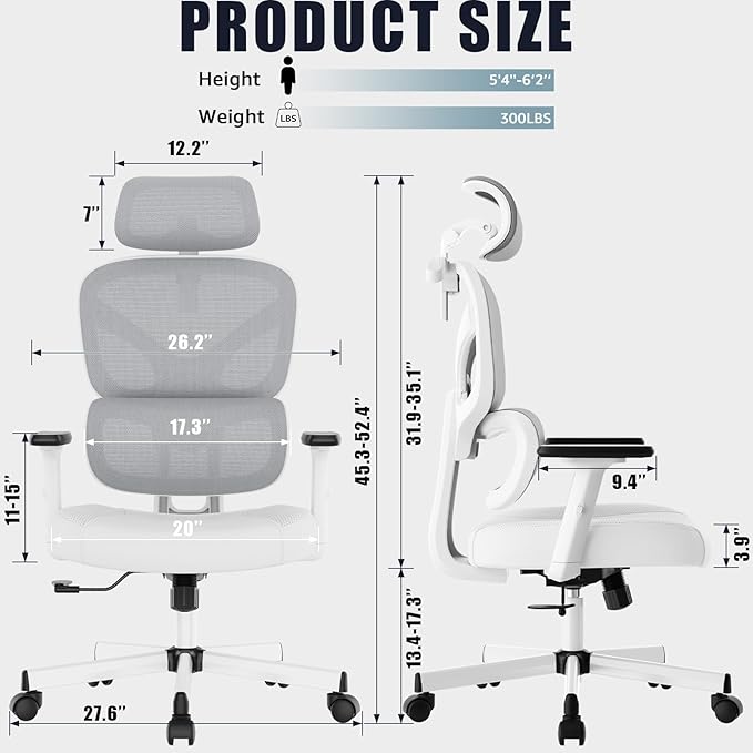 Office Chair, Ergonomic Desk Chair, High Back Desk Chair, Big and Tall Reclining Comfy Home Office Chair with Lumbar Support Breathable Mesh Computer Chair Adjustable Armrests - LeafyLoom