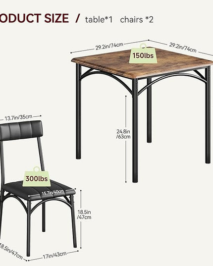 IDEALHOUSE Dining Table Set, Kitchen Table and Chairs for 2, Metal and Wood Square Dining Room Table Set with 2 Upholstered Chairs, 3 Piece Dining Table Set for Small Space, Apartment, Rustic Brown - LeafyLoom