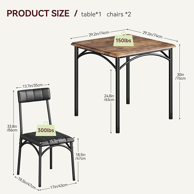 IDEALHOUSE Dining Table Set, Kitchen Table and Chairs for 2, Metal and Wood Square Dining Room Table Set with 2 Upholstered Chairs, 3 Piece Dining Table Set for Small Space, Apartment, Rustic Brown - LeafyLoom