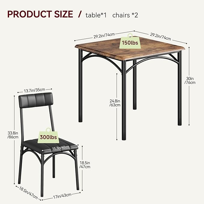 GAOMON Dining Table Set for 2, Kitchen Table and Chairs for 2 with Upholstered Chairs, 3 Piece Dining Room Table Set, Square Kitchen Table Set for Small Space, Apartment, Studio, Rustic Brown - LeafyLoom