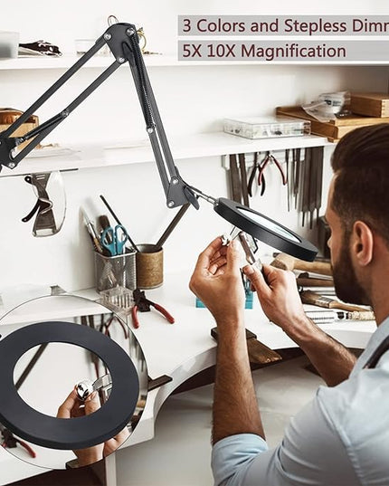 5X & 10X Magnifying Glass with Light and Stand, KIRKAS 2-in-1 Stepless Dimmable and 3 Color Modes LED Magnifying Desk Lamp, 10X Ultra-high Magnification Glass Lens for Precision Machinery Repair-Black - LeafyLoom