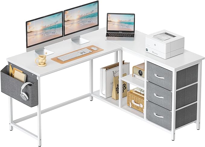 Treesland L Shaped Desk with Drawers, 55 inch Computer Desk with Storage & Shelves, Corner Desk with Storage, Home Office Desks with Drawers, L Shape Desks with Storage, White - LeafyLoom