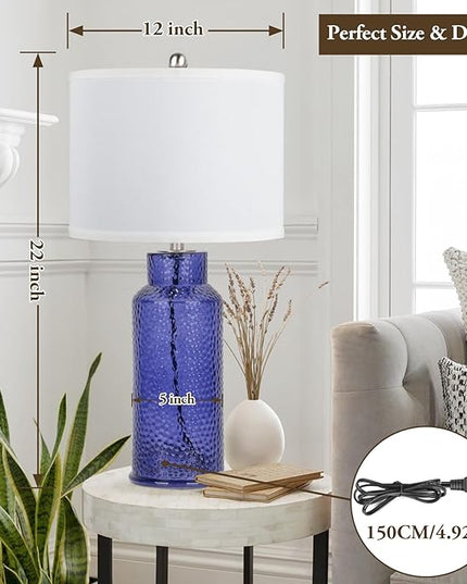 TOBUSA Blue Glass Table Lamps for Bedroom Set of 2, Modern Bedside Glass Lamps with White Linen Lampshades, Nightstand Blue Table Lamps for Living Room End Table Desk, Easy Rotary Switch, No E26 Bulbs - LeafyLoom