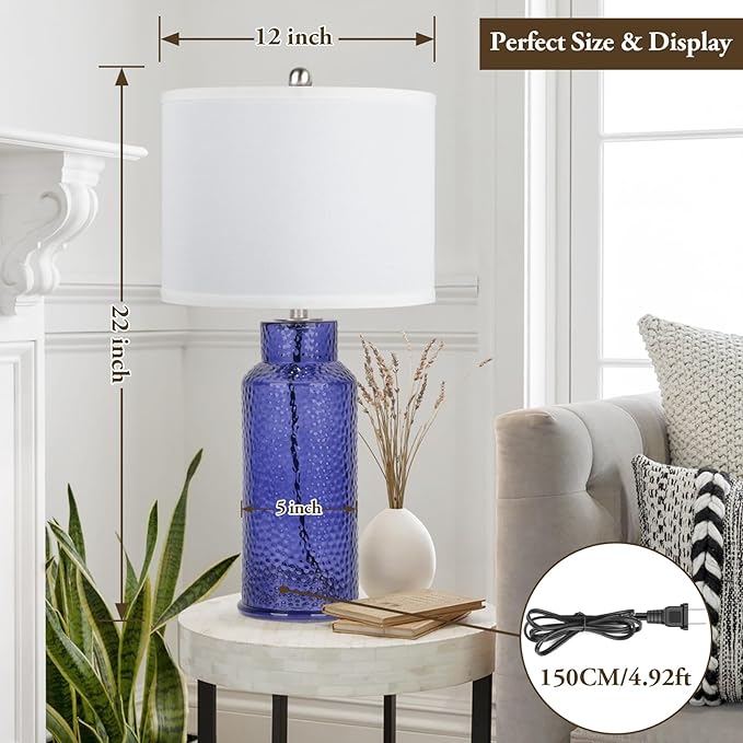 TOBUSA Blue Glass Table Lamps for Bedroom Set of 2, Modern Bedside Glass Lamps with White Linen Lampshades, Nightstand Blue Table Lamps for Living Room End Table Desk, Easy Rotary Switch, No E26 Bulbs - LeafyLoom