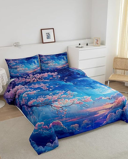 Manfei Cherry Blossoms Comforter Set Queen Size,Moonnight Cloud Starry Sky Bedding Set,Girls Women Room Decor,Sakura Flowers Chinese Style Down Comforter,Pink Blue Romantic Duvet Insert,2 Pillowcases - LeafyLoom