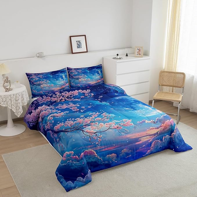 Manfei Cherry Blossoms Comforter Set Queen Size,Moonnight Cloud Starry Sky Bedding Set,Girls Women Room Decor,Sakura Flowers Chinese Style Down Comforter,Pink Blue Romantic Duvet Insert,2 Pillowcases - LeafyLoom