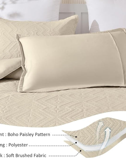 WONGS BEDDING Khaki Comforter Set Queen Size(90“×90”), Boho Geometric Textured Bedding Comforter Sets - 3 Pieces Reversible Soft Microfiber Ultrasonic Bedding with 2 Pillowcases - LeafyLoom