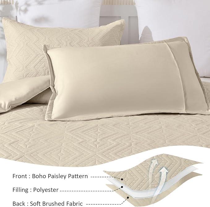 WONGS BEDDING Khaki Comforter Set King Size(104“×90”), Boho Geometric Textured Bedding Comforter Sets - 3 Pieces Reversible Soft Microfiber Ultrasonic Bedding with 2 PillowCases - LeafyLoom