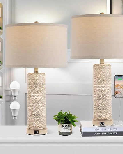 Set of 2 Contemporary Table Lamp, Ceramic Bedside Lamps with 3 Color Temperature, 27.5'' Nightstand Lamp Sets with USB Ports Linen Fabric Shade End Table Lamps for Living Room Bedroom, Bulb Included - LeafyLoom