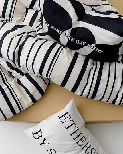 Striped Comforter Set California King Black White Comforter Men Women Modern Chic Stripes Bed Comforter Beige Black Striped Cal King Ticking Bedding Comforter All Season Hotel Quality Bed Set - LeafyLoom