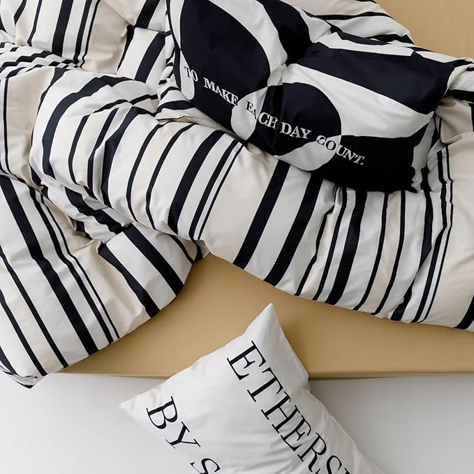 Striped Comforter Queen Black White Comforter 3 Pieces Soft Stripes Comforter Set 1 Striped Queen Comforter (90x90 inches) with 2 Pillowcases (20x26 inches) - LeafyLoom