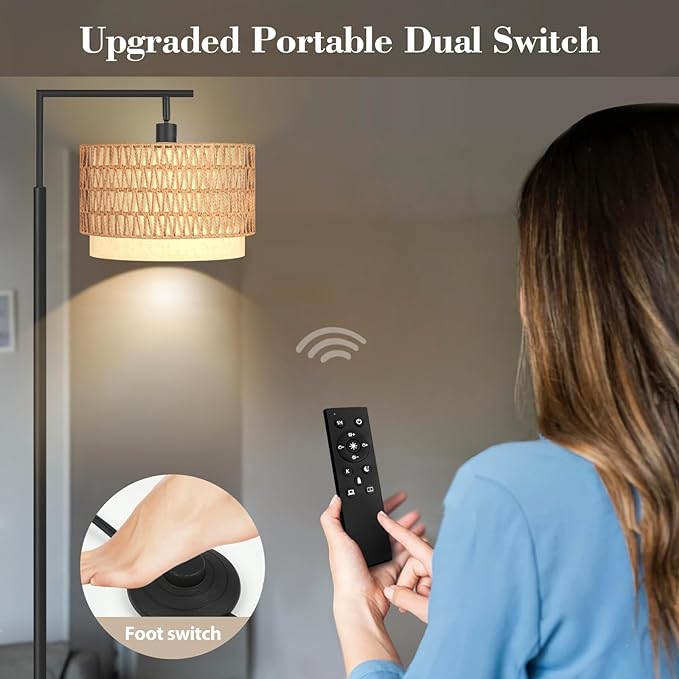 Pesare Rattan Floor Lamp Boho with Remote Control for Living Room,Stepless Dimmable LED Floor Lamp with 4 Color Temperature,Standing Lamps with Tall lamp for Living Room, Bedroom,Office… - LeafyLoom