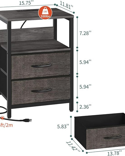 Yoobure Nightstand with Charging Station, LED Night Stand with Fabric Drawers and Storage Shelf for Bedroom, Nightstands Bedside Tables with USB Ports & Outlets, Small Night Stands, Bed Side Table - LeafyLoom