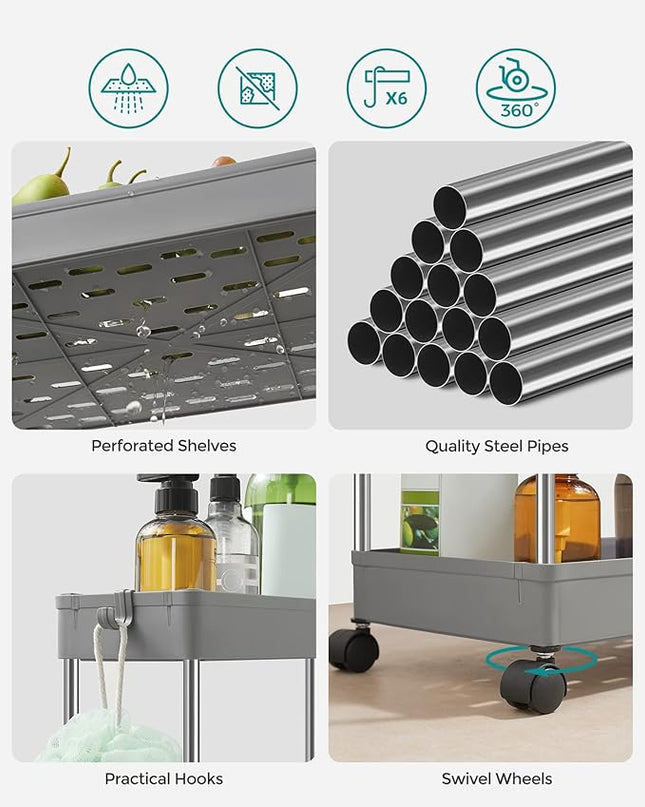 SONGMICS Slim Storage Cart, 4-Tier Rolling Cart, Narrow Utility Cart on Wheels, 6 Hooks, 360° Swivel Wheels, Lockable, Steel Frame, Bathroom, Kitchen, Office, Dove Gray UKSC010G01 - LeafyLoom