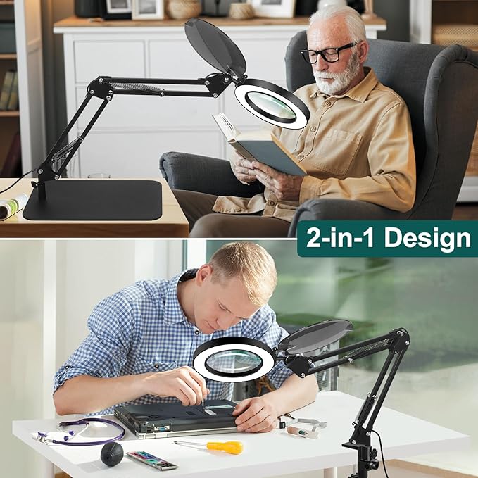 5X Magnifying Glass with Light and Stand, NAKOOS 3-in-1 Magnifying Lamp with Light, 3 Lightings Dimmable Magnifier with Anti-dust Cover and Timer, Soldering Magnifying Glass for DIY Close Work - LeafyLoom