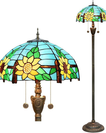 Tiffany Floor Lamp Blue Yellow Sunflowers Stained Glass lamps for Living Room Bedroom Office Lighting Rustic Corner Deco Standing Tall Vintage Kids Aesthetic Mediterranean Style Lamp - LeafyLoom