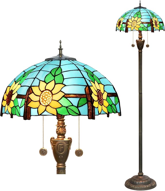 Tiffany Floor Lamp Blue Yellow Sunflowers Stained Glass lamps for Living Room Bedroom Office Lighting Rustic Corner Deco Standing Tall Vintage Kids Aesthetic Mediterranean Style Lamp - LeafyLoom