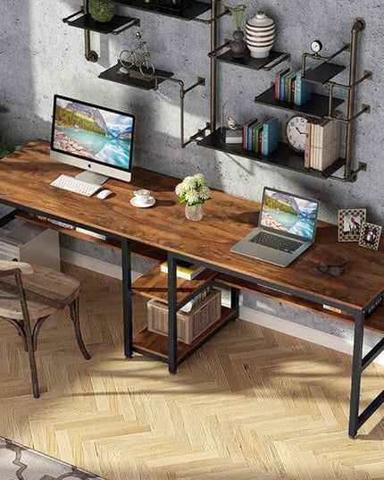 Tribesigns Two Person Desk with Bookshelf, 78.7 Computer Office Double Desk for Two Person, Rustic Writing Desk Workstation with Shelf for Home Office (Brown) - LeafyLoom