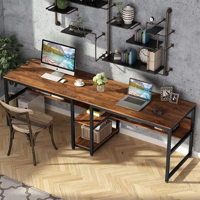 Tribesigns Two Person Desk with Bookshelf, 78.7 Computer Office Double Desk for Two Person, Rustic Writing Desk Workstation with Shelf for Home Office (Brown) - LeafyLoom