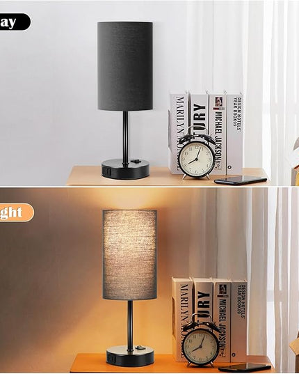 ZJOJO Desk Lamps Set of 2 Table Lamp, Bedside Lamps with 3-Color Modes, AC Outlet, Linen Round Lampshade Nightstand Lamp for Livingroom Nightstand Office Reading Working - LeafyLoom