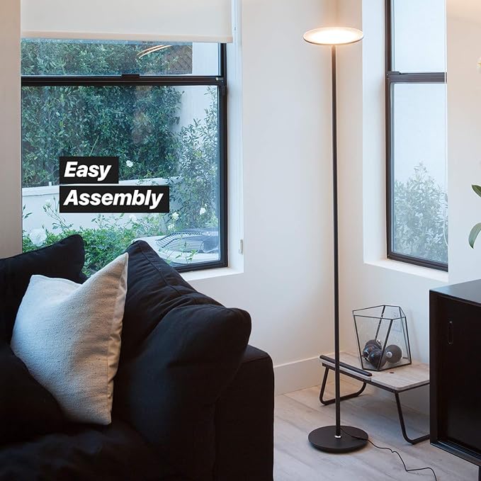 Brightech Sky Flux Dimmable LED Floor Lamp – Super Bright Floor Lamp for Living Room and Offices – Torchiere Standing Lamp with 3 Light Options, Tall Lamp for Bedroom Reading and More - Black - LeafyLoom