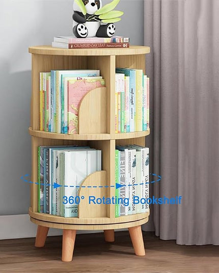 Gdrasuya10 2 Tier Rotating Bookshelf with Legs, Small Rotating Bookshelf Wood Revolving Bookcase Book Organizer Book Display Shelves Storage for Living Room Bedroom Study Room - LeafyLoom
