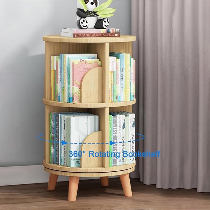 Gdrasuya10 2 Tier Rotating Bookshelf with Legs, Small Rotating Bookshelf Wood Revolving Bookcase Book Organizer Book Display Shelves Storage for Living Room Bedroom Study Room - LeafyLoom